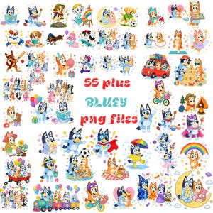 Puede incluir: Una colección de 55 plus Bluey png files que muestra varios personajes de perros de dibujos animados en diversas actividades como deportes, lectura, ciclismo y disfraces, con el texto rojo 55 plus BLUEY png files en el centro.