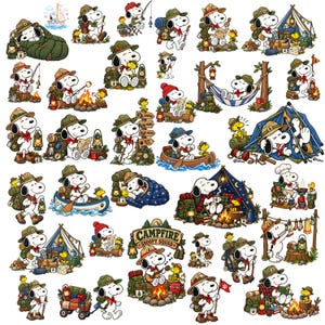 Puede incluir: Una colección de ilustraciones de Snoopy y Woodstock con temas de acampada, que incluyen escenas de senderismo, piragüismo, tiendas de campaña, malvaviscos asados y fogatas, todos con sombreros de explorador y equipo de aire libre.