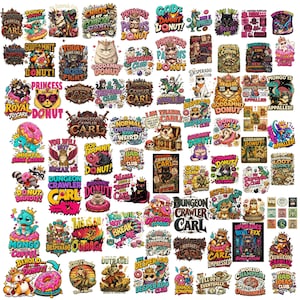 Könnte beinhalten: Eine Sammlung bunter Aufkleber mit verschiedenen Cartoon-Illustrationen von Katzen, Dinosauriern und Donuts, mit Texten wie Dungeon Crawler Carl, Goddamnit Donut, The Desperado Club, Princess Paws und anderen Phrasen in verschiedenen Schriftarten.