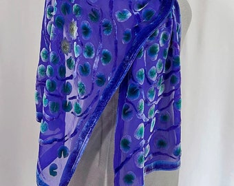 Hand Painted Silk Velvet Scarf, Dyed Violet Purple, Lily pads with Water Lilies, 13"x60" Washable, Gift