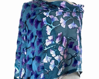 Silk Scarf Burnout Velvet Pattern, Silk Chiffon Shawl or Wrap, Hand Painted Ginkgo Leaves in Blue and Purple. Washable.