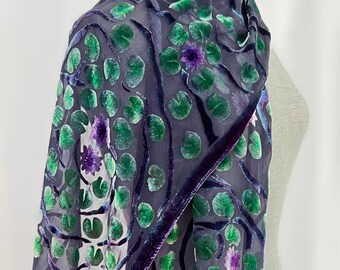 Hand Painted Silk Velvet Scarf, Dyed Black, Lily pads with Water Lilies, 13"x60" Washable, Gift