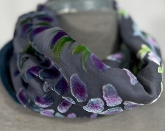 Burnout Silk Velvet Infinity Circle Scarf, Hand-Painted Willow Branches in Gray