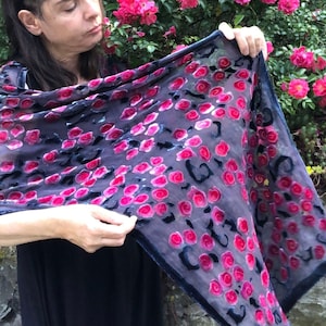 Black Silk Chiffon Shawl with Burnout Velvet Floral Red Roses Hand Painted Wrap, Hand Dyed Soft  Luxurious, Elegant, Washable