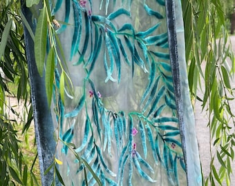 Light Gray Silk Chiffon Wrap, Burnout Velvet Shawl, Hand Painted Silk Scarf, Eucalyptus Leaf, Luxurious, Soft and Washable.