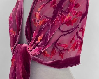 Silk Scarf Burnout Velvet, Red Chiffon Shawl or Wrap, Hand Painted Oak Leaves, Washable.