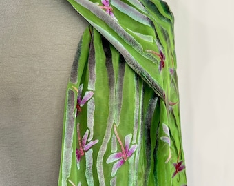 Burnout Silk Velvet Scarf in Spring Green with Hand Painted Dragonflies. Washable