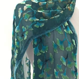 Burnout Silk Velvet Scarf, Gingko Leaf Devore Velvet, Hand Painted Silk, Hand Dyed, Luxury, Oblong, Washable, 13&quot;x62&quot;