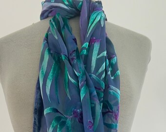 Burnout Silk Velvet Scarf with Hand Painted Eucalyptus Leaves. Washable. Gift for her