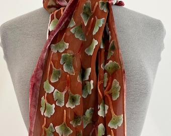 Burnout Silk Devoré Velvet Scarf, Ginkgo Leaf Hand Painted and Dyed, 13'x62", washable