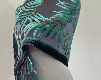 Black Gray Silk Chiffon Sheer Wrap, Burnout Velvet Shawl, Hand Painted Silk Scarf, Eucalyptus Leaf, Soft and Washable.