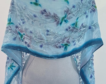 Hummingbirds Hand Painted Silk Velvet Devoré Scarf or Shawl, Wrap, in Robins egg Blue Washable