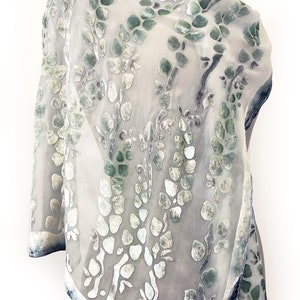 Ivory Hand Painted Silk Chiffon Scarf or Shawl or wrap with Burnout Velvet Hand Painted Willows, Washable.