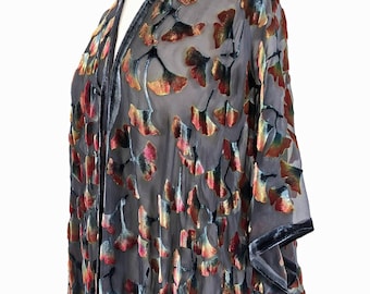 Ausbrenner Samt Kimono Schwarz Schal Handbemalte Seide Gingko Blätter Chiffon Hand gefärbt Devore Samt Kimono