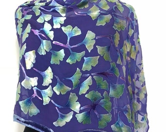 Burnout Velvet Shawl Poncho Scarf Hand Painted Silk Chiffon Hand Dyed in Purple.