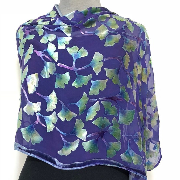 Burnout Velvet Shawl Poncho Scarf Hand Painted Silk Chiffon Hand Dyed in Purple.