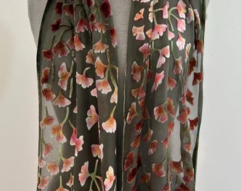Burnout Silk Devoré Velvet Scarf, Ginkgo Leaf Hand Painted and Dyed, 13'x62", in Taupe