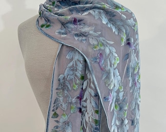 Burnout Silk Velvet Scarf in Pale Gray with Hand Painted Hummingbirds. Washable