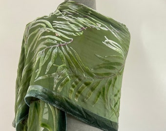 Sage Light Green Silk Chiffon Wrap, Burnout Velvet Shawl, Hand Painted Silk Scarf, Eucalyptus Leaf, Soft and Washable.