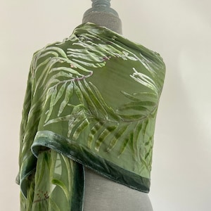 Sage Light Green Silk Chiffon Wrap, Burnout Velvet Shawl, Hand Painted Silk Scarf, Eucalyptus Leaf, Soft and Washable.