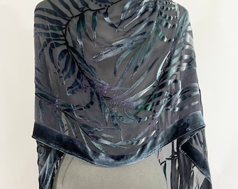 Black Silk Chiffon Wrap, Burnout Velvet Shawl, Hand Painted Silk Scarf, Eucalyptus Leaf, Luxurious, Soft and Washable.