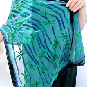 Dragonflies Scarf or Wrap in turquoise Burnout Silk Velvet with Dragonflies 20"x70" Washable