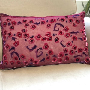 Silk Velvet Red pillow, hand Painted Floral Roses Accent Throw Luxurious Boho. Ombré Gradient Red Reverse Side. Washable. 12&quot;x20&quot;