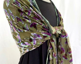 Silk Scarf Burnout Velvet, Olive Green Chiffon Shawl or Wrap, Hand Painted Blossoming branches. Washable.