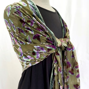 Silk Scarf Burnout Velvet, Olive Green Chiffon Shawl or Wrap, Hand Painted Blossoming branches. Washable.