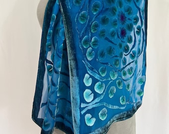 Hand Painted Silk Velvet Scarf, Dyed Turquoise Blue 13"x60" Washable, Gift