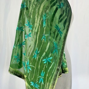 Dragonflies Scarf or Wrap in Green Burnout Silk Velvet with Dragonflies 20"x70" Washable