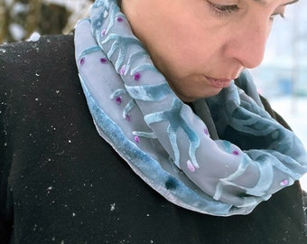 Burnout Silk Velvet Cowl Hand dyed Circle Scarf, infinity scarf with Hand-Painted Winter Branches