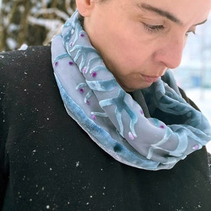 Burnout Silk Velvet Cowl Hand dyed Circle Scarf, infinity scarf with Hand-Painted Winter Branches