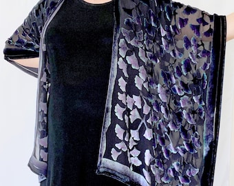 Burnout Velvet Kimono Jacket, Hand Painted, Hand Dyed. A Sheer Black Wrap, One Size. Washable.