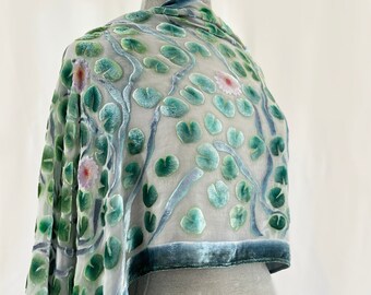 Ivory Scarf Shawl with Hand Dyed Silk Chiffon and Hand Painted velvet WaterLilies