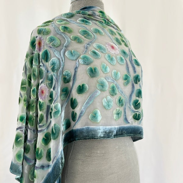 Ivory Scarf Shawl with Hand Dyed Silk Chiffon and Hand Painted velvet WaterLilies