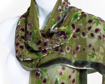 Burnout Velvet Scarf Hand Painted Silk Scarf, Hand Dyed, Willows Pattern in Green, Gift For Mom or Grandma