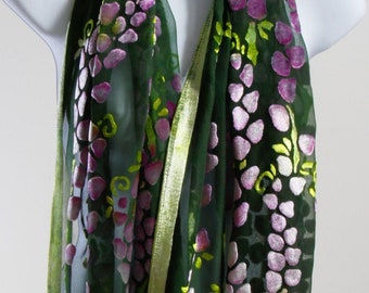 Hand Painted Scarf, Women’s Fashion Accessories, Silk Scarf, Velvet Scarf, Oversize, Shawl, Wrap, Hand Dyed, Willows Pattern in Green