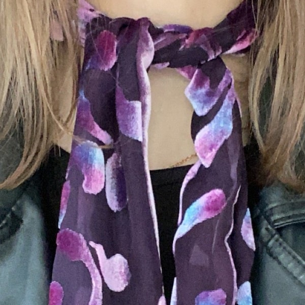 Purple Scrolls Pattern Hand Painted Devoré Silk Velvet Versatile Neckerchief, Hair Tie, Headband, wrist tie, or handbag accessory