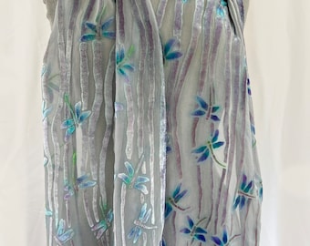 Burnout Silk Velvet Scarf in Ivory with Hand Painted Dragonflies. Washable. Gift for Mom or Grandma