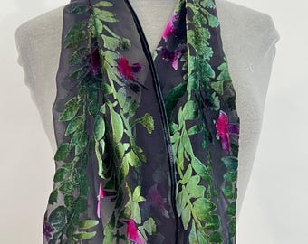 Burnout Silk Velvet Scarf in Black with Hand Painted Hummingbirds. Washable