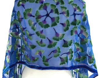 Hand Painted Silk Velvet Devoré Scarf of Gingko Leaves, Burnout Shawl, Wrap, in Blue Violet and Green, Washable