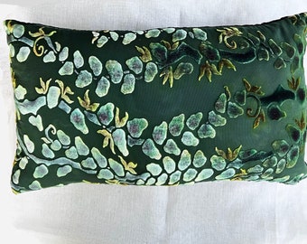 Silk Velvet Decorative Accent Throw Pillow with Hand Painted Boho Style. Ombré Solid Reverse. Washable. 11"x20"