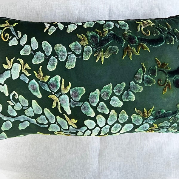 Silk Velvet Decorative Accent Throw Pillow with Hand Painted Boho Style. Ombré Solid Reverse. Washable. 12"x20"