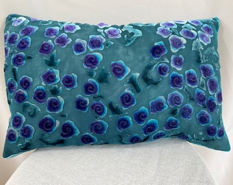 Blue Gray  Silk Velvet Decorative Rosettes Throw Pillow with Hand Painted Boho Style. Ombré Solid Reverse. Washable. 12"x18"