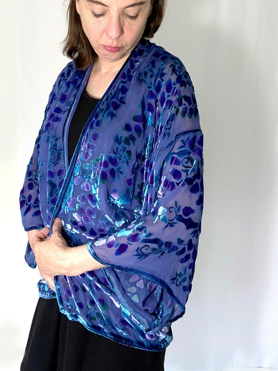 Burnout Velvet Kimono Jacket Hand Painted Hand Dyed. A Sheer Purple Wrap That is One Size. Washable. Etsy