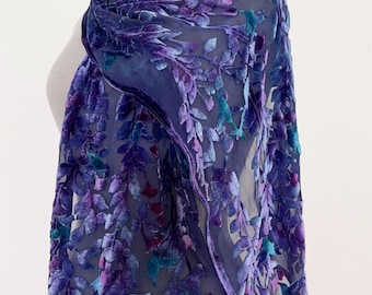 Burnout Silk Velvet Scarf in Purple with Hand Painted Hummingbirds. Washable