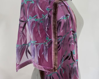 Burnout Silk Velvet Scarf with Hand Painted Eucalyptus Leaves. Washable. Gift for her