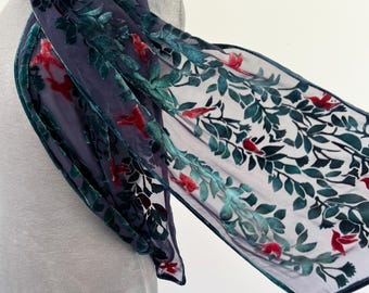 Burnout Silk Velvet Scarf in Charcoal Black with Hand Painted Hummingbirds. Washable, 13”x62"