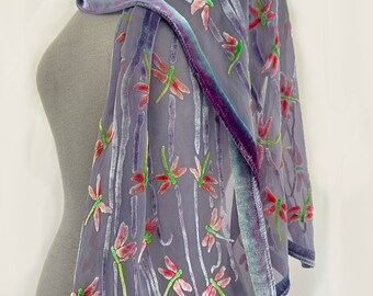 Burnout Silk Velvet Scarf in Light Gray with Hand Painted Dragonflies. Washable. Gift for Mom or Grandma